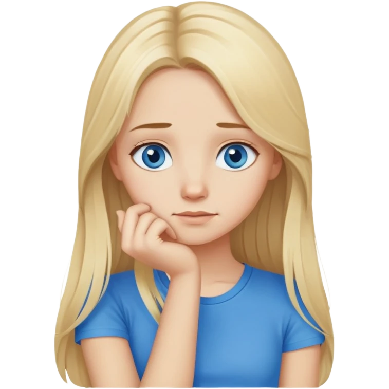 blonde girl blue eyes thinking long hair blue top, thinking hand on chin emoji