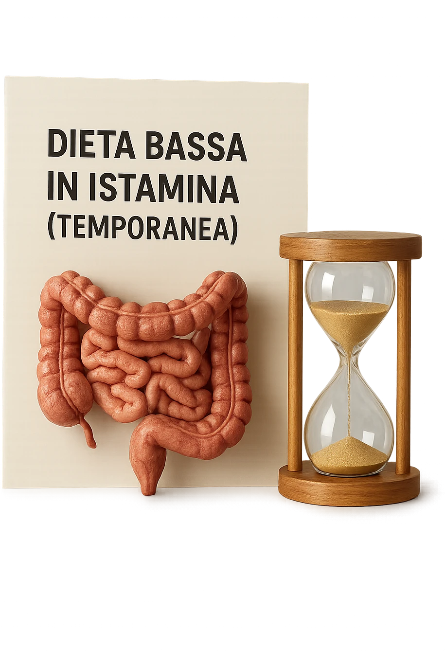 foglio di carta di una dieta con la scritta "DIETA BASSA IN ISTAMINA (TEMPORANEA), E ACCANTO CI METTI UN INTESTINO IN MINIATURA E UNA CLESSIDRA, iperrealistico 4k emoji