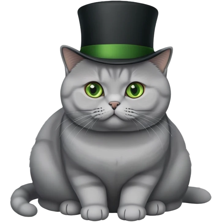gray British Shorthair cat full body sitting with a black top hat and green eyes emoji