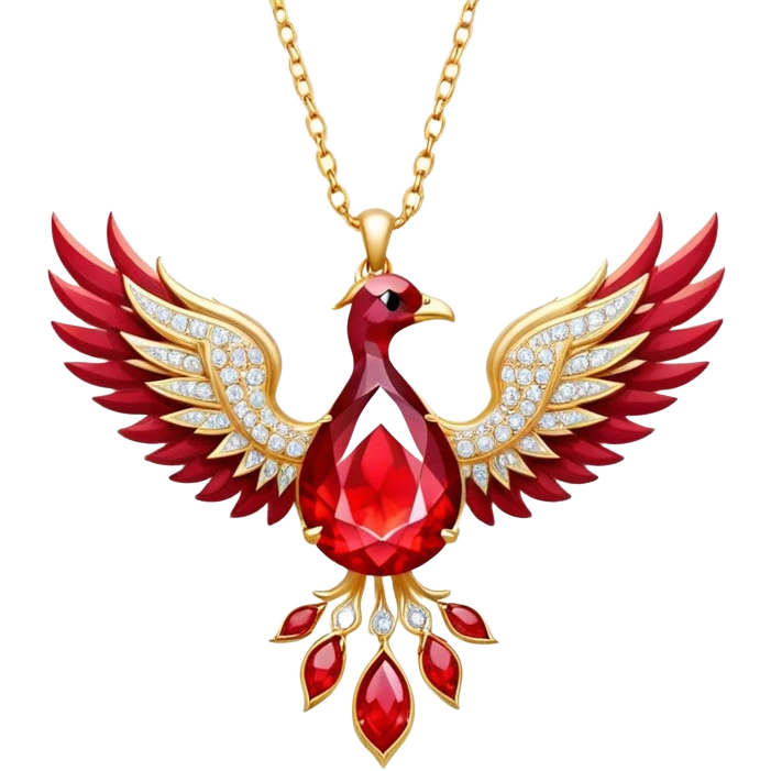 ruby pendant pulsing with fiery light, tiny phoenix emerging inside, haloed by shimmering white stones emoji