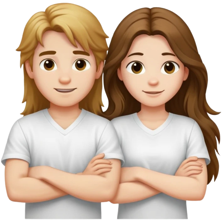 A boy and a long-haired girl crossed their arms over their chests - with a happy look on their faces - wearing white shirts emoji