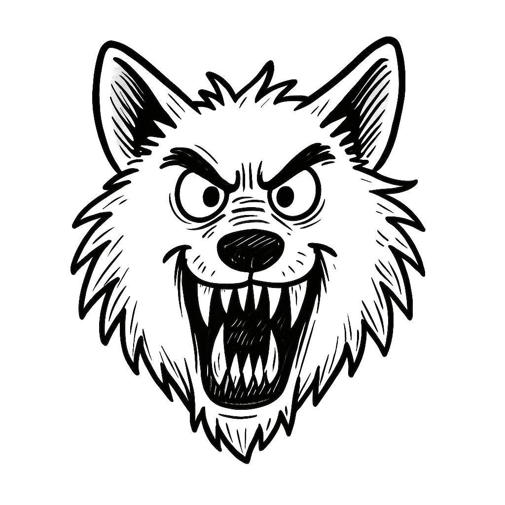 Make the wolf teeth much sharper, same style as original doodle style. The original doodle style does not support editing, so use a general style that respects the hand drawn doodle look while sharpening the wolf teeth. emoji