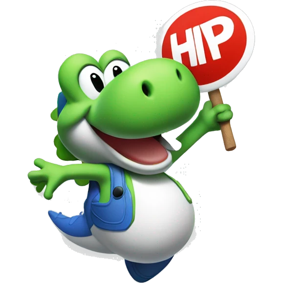 a yoshi from mario screaming Hype while holding a sign saying 'hype' emoji