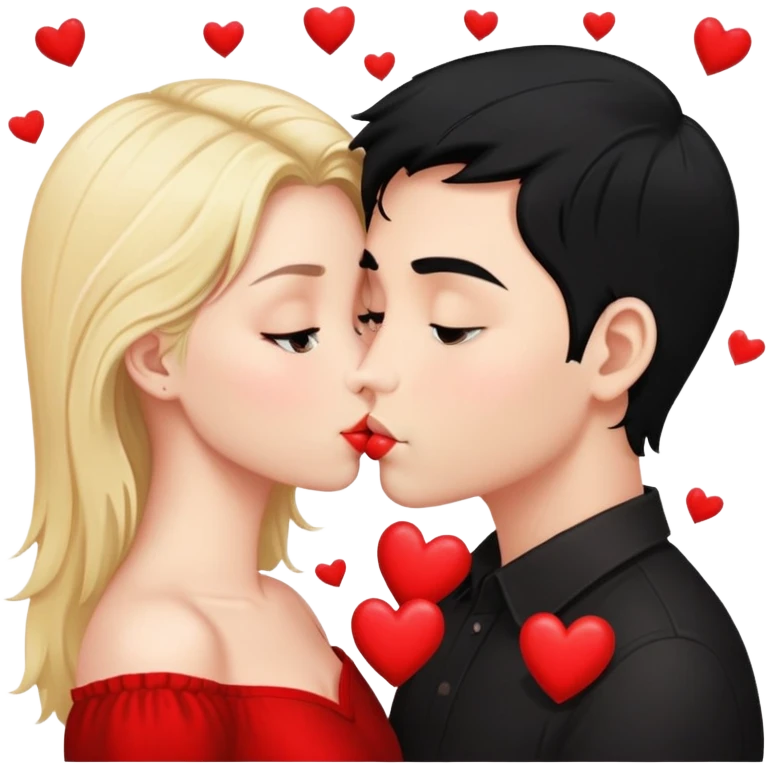 Couple of blonde girl and boy with black hair and fair skin is kissing with a lot of hearts around them emoji
