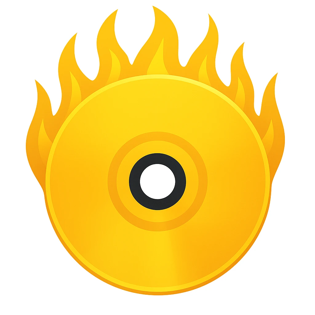 A minimalist CD disc with a subtle fire design, emoji style, yellow flames, with sharper flames emoji