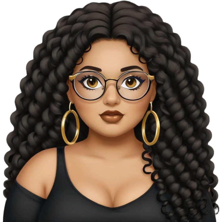 big plus size, latina, darker tan skin, gold hoops, long black curly hair, baddie,pretty, makeup, lipgloss, black eyeliner, long hair, black top, black glasses emoji