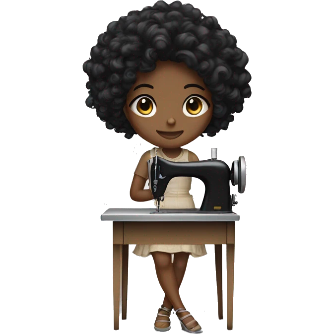 Black girl with curly black hair medium length with sewing machine  emoji