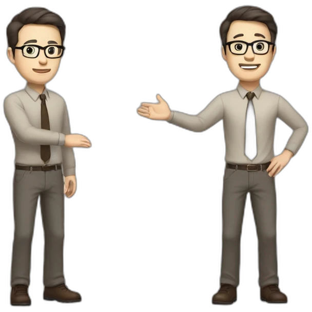 Full height Actively gesturing with hands Pale skinned fit man with dark brown hair in gray jacket, beige office shirt, brown tie, brown pants and vintage glasses. emoji
