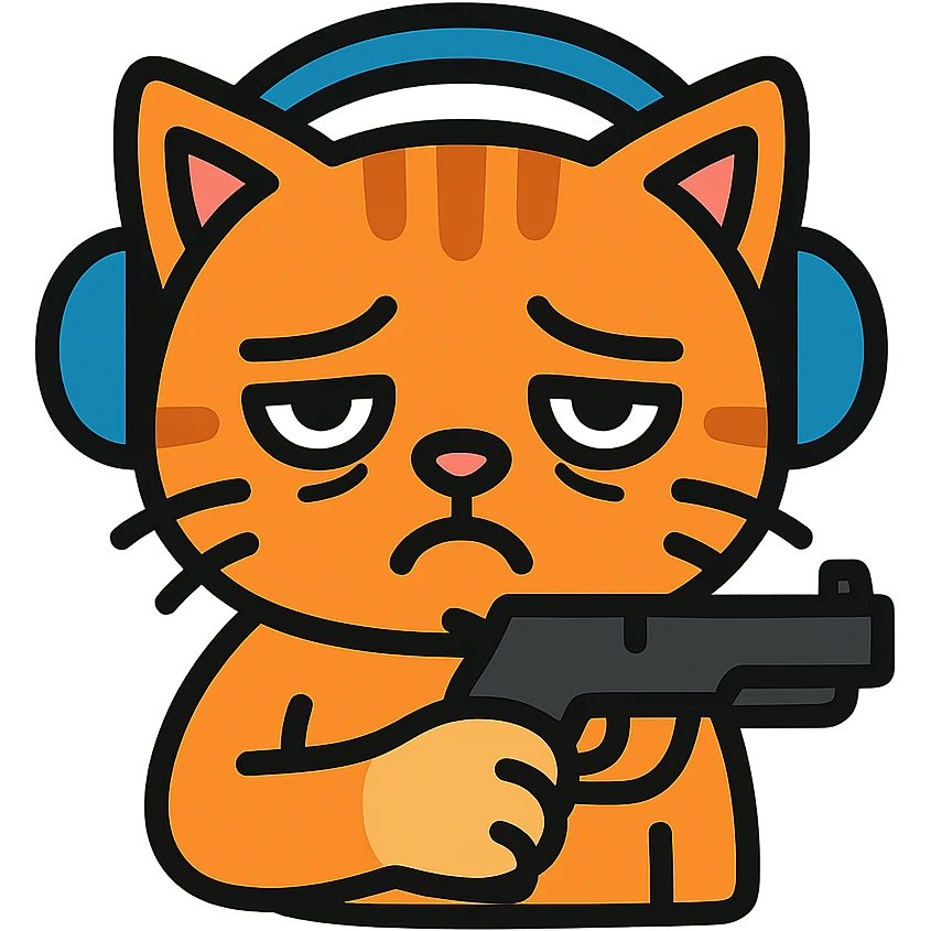 tired sad cat holding a gun, wearing headphones, colored icon emoji