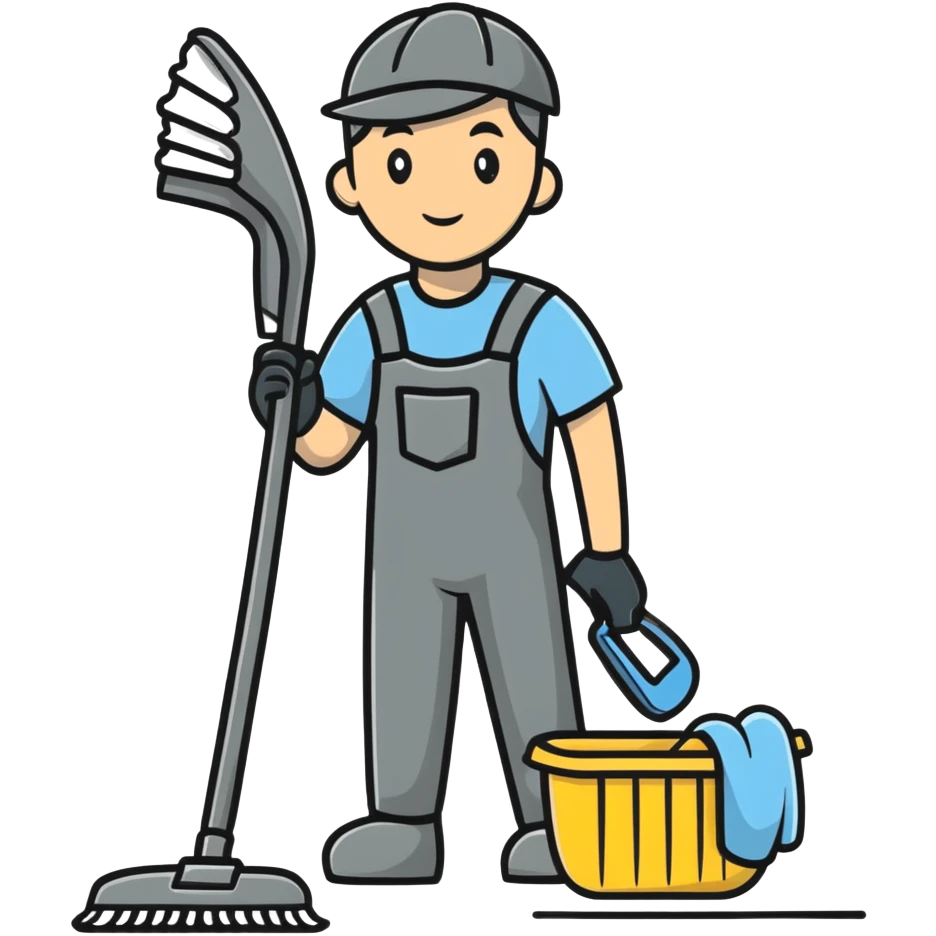 person in dark-grey custodian outfit with cleaning tools emoji