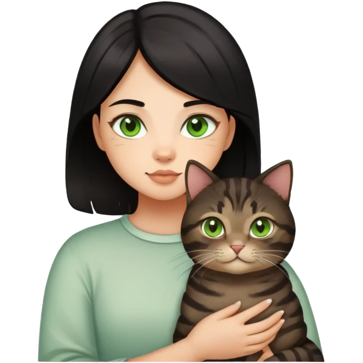 A girl with black hair with some high lights holding a chubby dark brown tabby cat with green eyes emoji