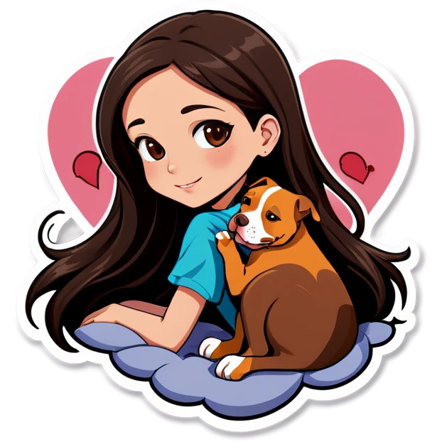 A pretty girl with long dark hair layered  cascading down her face sits on the bed with her brown pit bull  laying beside of her heart is flying all around emoji
