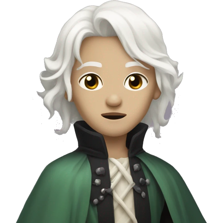 a dungeons and dragons changeling with bone-white skin and white medium length hair and black eyes . They have NO MOUTH emoji