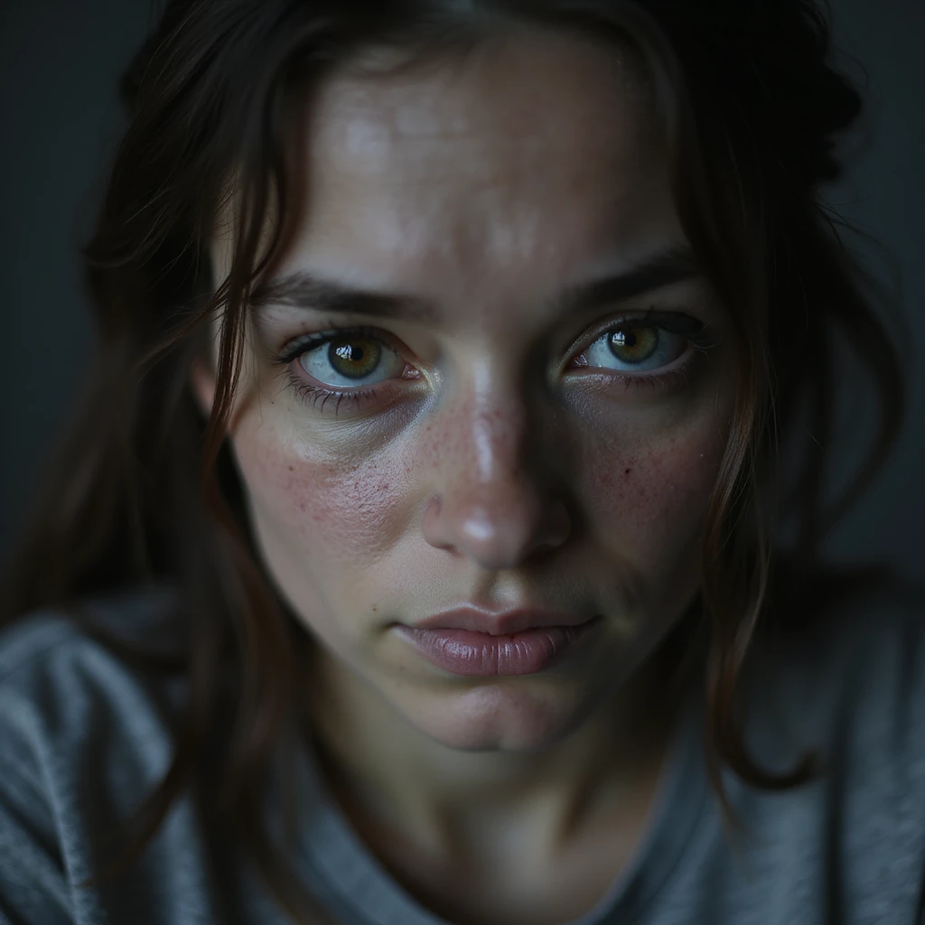 close-up of woman with chronic fatigue, pale skin, deep dark circles, lost and dull gaze, exhausted expression, hyperrealistic style, realistic details, 4K quality, neutral background emoji