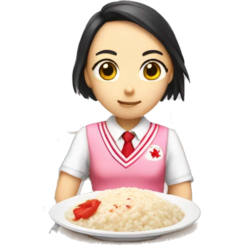 An avatar wearing pink panties red all-star with school uniform with japanese kanji eating a risotto emoji