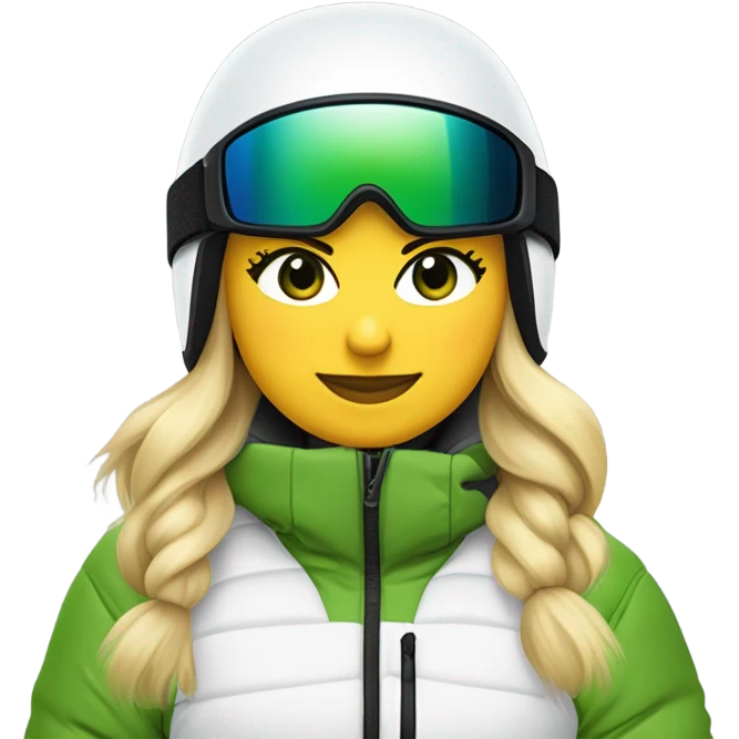 Green-eyed, fat female skier with medium-length straight blonde hair not plaited, snow goggles on helmet, white ski helmet, gray snow jacket, green ski gloves, long black pants rolled up at the bottom, black only snow boots standing tall. emoji