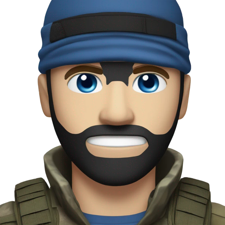White male, call of duty black mask, camo tactical gear, combat boots, black beanie, blue eyes emoji