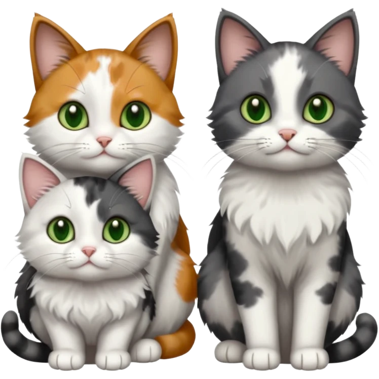 3 different coloured small cats including a dark grey and white, and a patchy calico with hazel eyes and a completely solid dark grey with green eyes and only white paws emoji