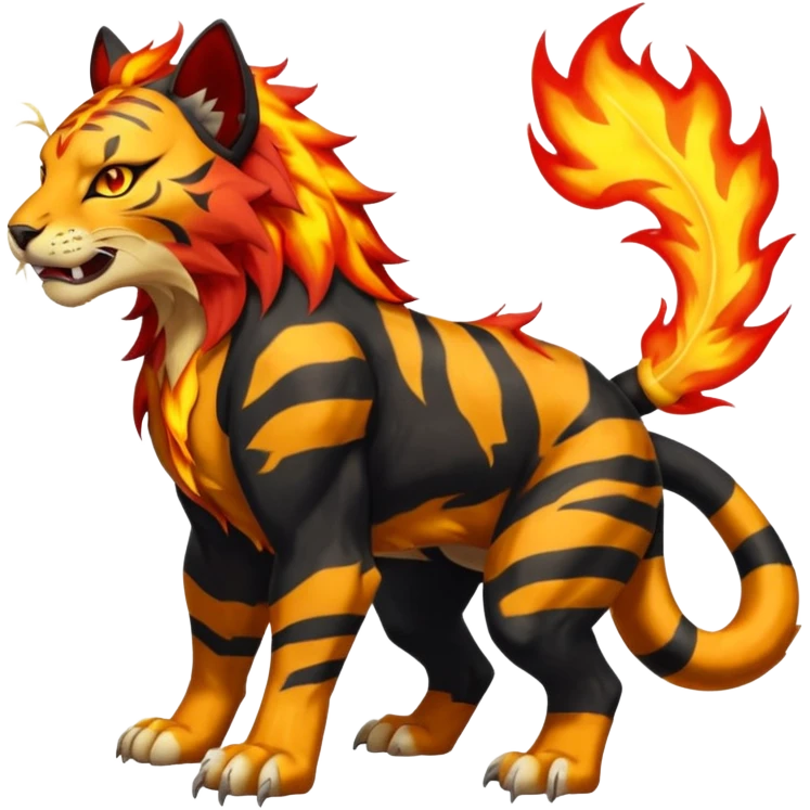 Volcanic Fiery Colorful exotic dark-colored, vibrant, golden, burning, badass, cool, realistic Pyroar-Torracat-Luxray-Tigress-Tiger-Liger-Hybrid-Fakemon-Creature (full body) emoji