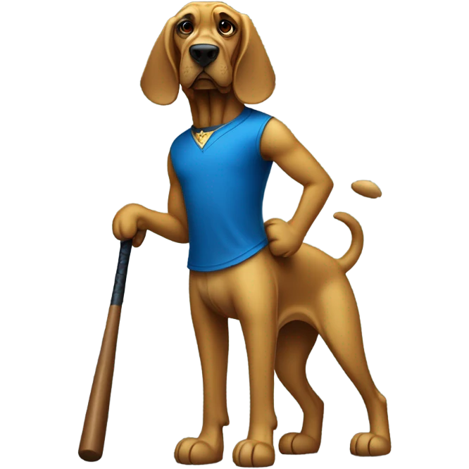 A Bloodhound dog dressed in a gold shirt and blue pants wearing dark shades with a baseball bat. emoji