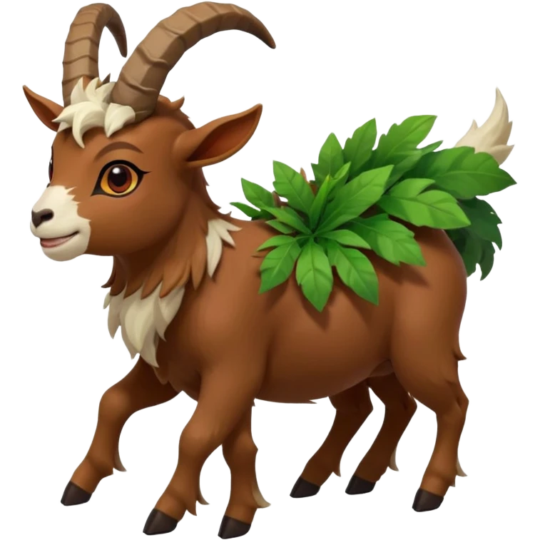 A kid riding on gogoat the quadrupedal, goat-like Pokémon with a brown, furry body and a leafy, green mane that extends down its back. It has large, black, curved horns, white fur on its face, a black nose, and red eyes. Its legs are shorter and lighter in color around the feet, back emoji
