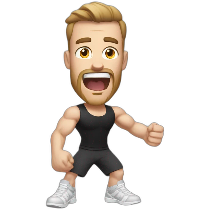 amazed Open with surprise mouth Pale skinned Fit Man With the biceps and dark brown hair in black shirt, gray sports shorts and white Sneakers emoji