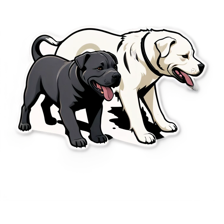 Dark grey pitbull playing with Great Pyrenees and blackout cut emoji