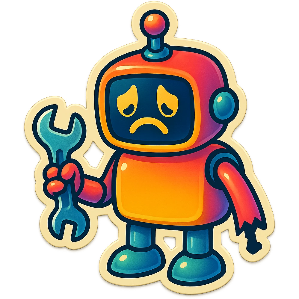A 3D robot with a broken arm, holding a wrench, with a sad face emoji