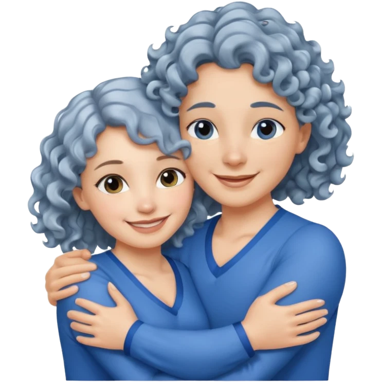 silver, wavy/curly hair chin-length lady giving hug with 2 arms, blue v-neck and smiling emoji