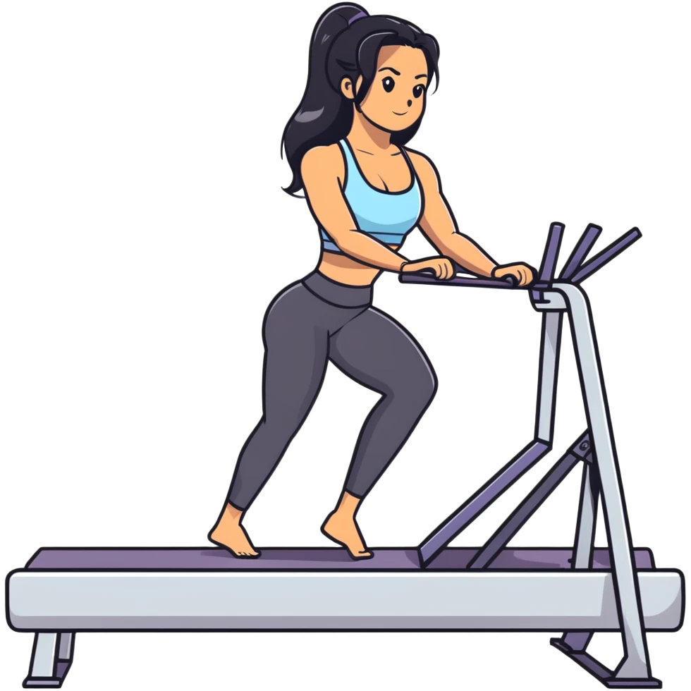woman with tanned skin, long black hair, wearing a sports bra, doing exercise on a Pilates reformer machine emoji