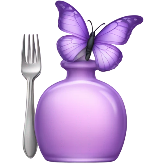  pastel violet butterfly resting on an elegant lavender perfume bottle with fork pink details. emoji