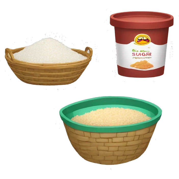 food basket with packet of rice, packet of beans and packet of sugar and liter of oil emoji