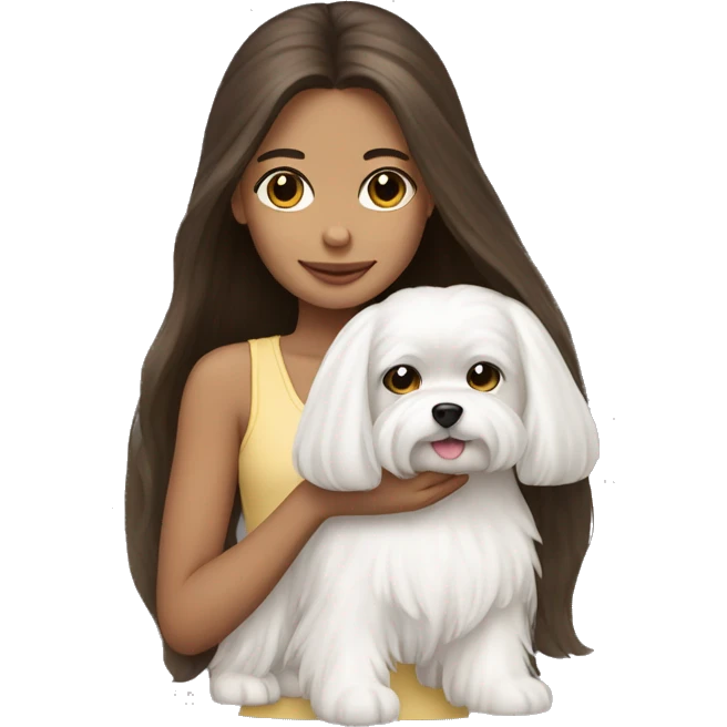 Brunette girl long hair holding a white  Maltese dog emoji