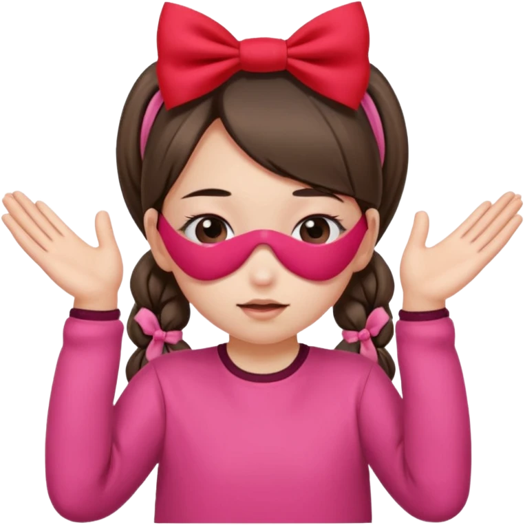 👧🏼🙈🎀🚩: girl with 2 ponytails covering her eyes with both hands, with a cute little pink bow on the side of her hair and below her in the background, 2 big red flags.  emoji