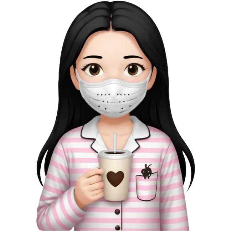 chica de pelo lacio color negro cabellera larga piyama blanca con rayas rosa claras peo no tan claras no oscuras el bordado es negro al igual que los botones )tiene una mascarilla para la carablanca y sostiene y cafe con bolitas nedras al dondo con unsorbete tranparente y es de test blanca  emoji