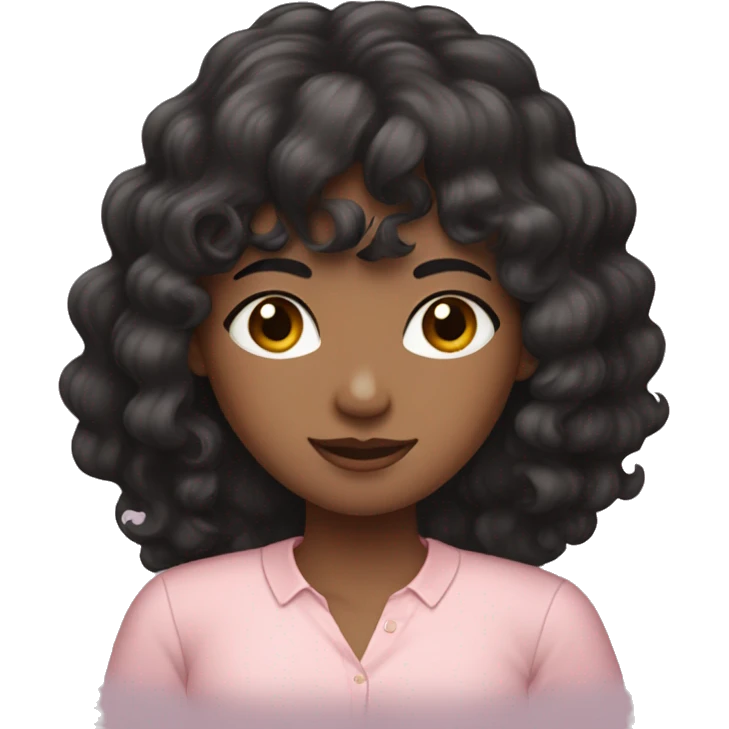 woman with long black curly hair and bangs and dark brown eyes, wearing a pastel pink blouse emoji