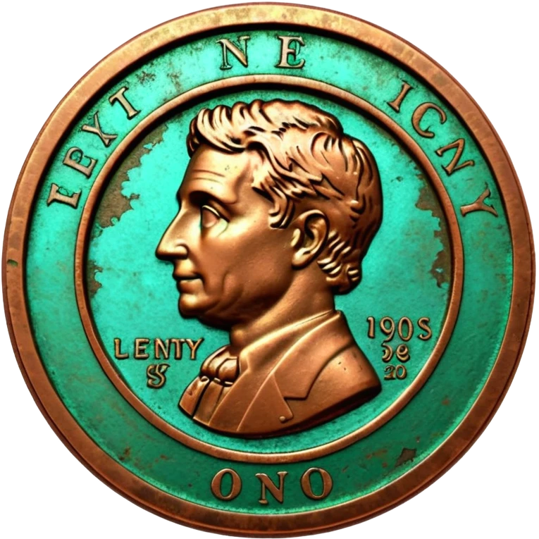 3D render of Old Penny, heavily oxidized copper texture, verdigris patina, Brown coin turning green on edges, weathered bronze aesthetic, ancient decay, Apple emoji style, isolated on white background --v 6.0. emoji
