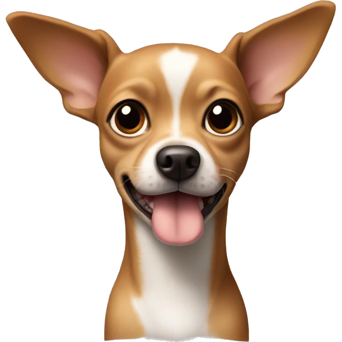A dog, a mixture of Chihuahua and Toy Terrier, his body is brown, and his neck is white in front and around his nose. He doesn't have one ear emoji