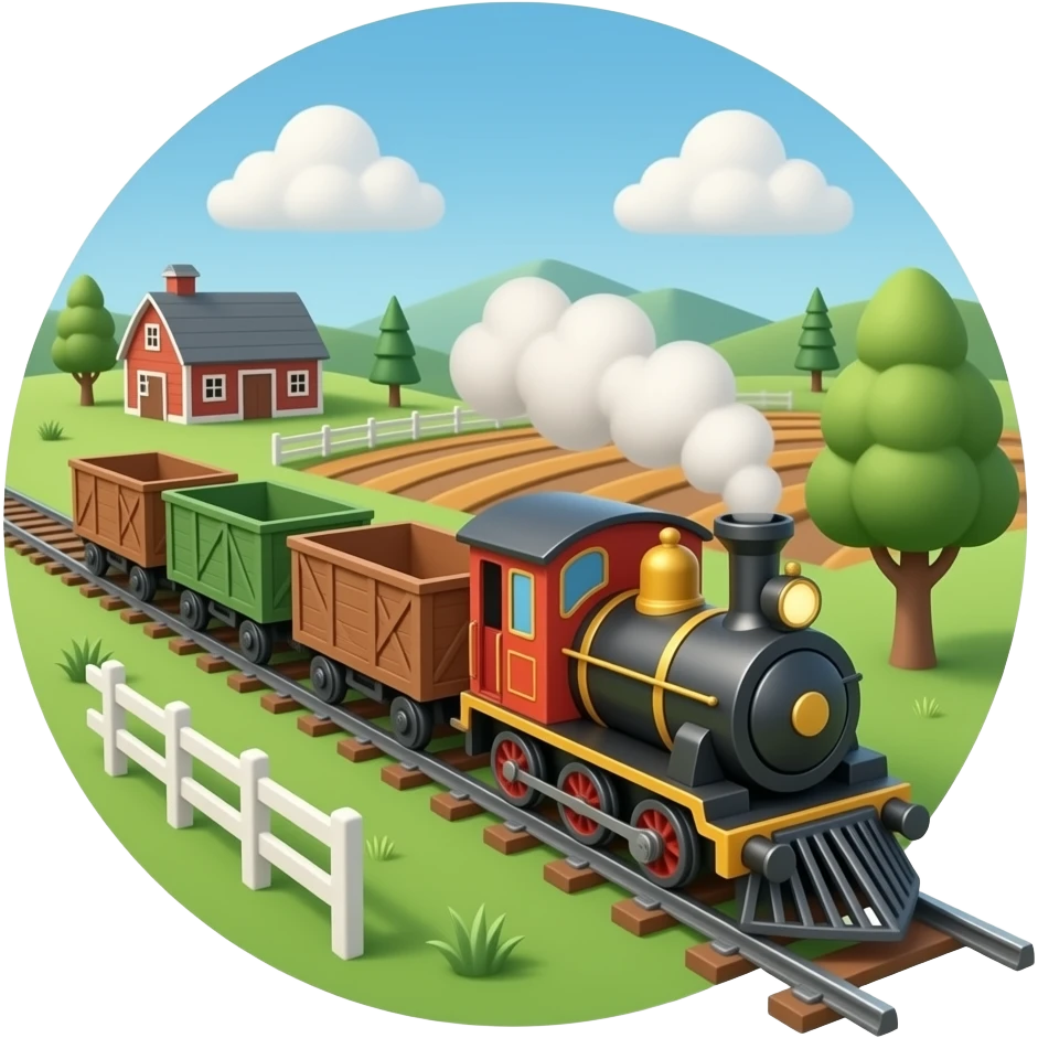 Realistic toy train pulling wagons in a miniature farm emoji