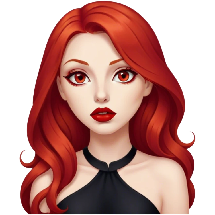 a pretty woman with long red hair and red eyes. The woman wear a black little cutted dress. She have red lipstick and she have a seductive look. She do a smack emoji
