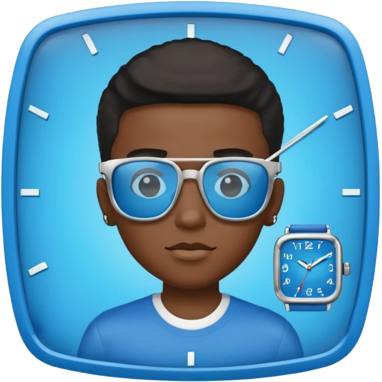 Un garçon noir avec des lunettes de soleil un peu bleu avec un cadran plutôt carré et SANS QU’ON VOIT SES YEUX. Et au dessus de sa tête il y a écrit BOUSs on dois pas voir ses yeux emoji