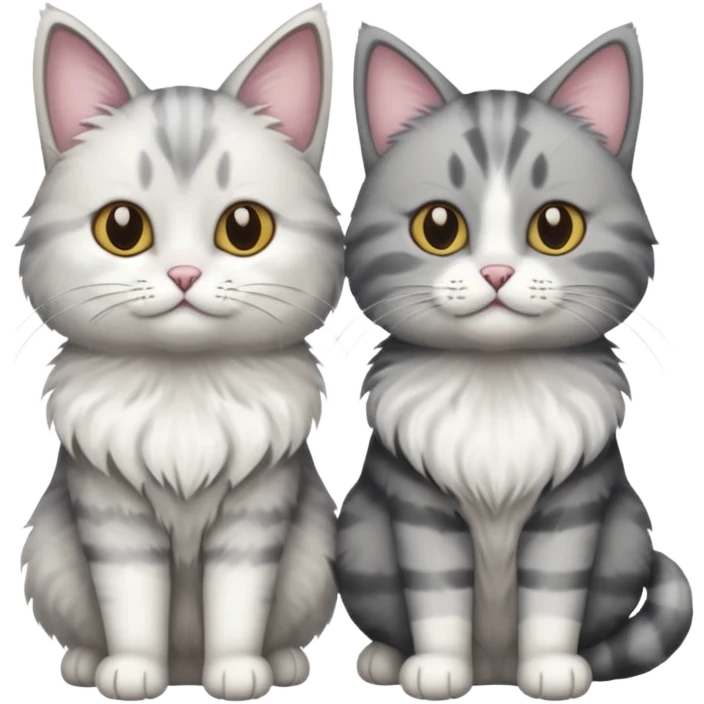 a realistic looking very fluffy grey and white cat sitting next to another cat emoji