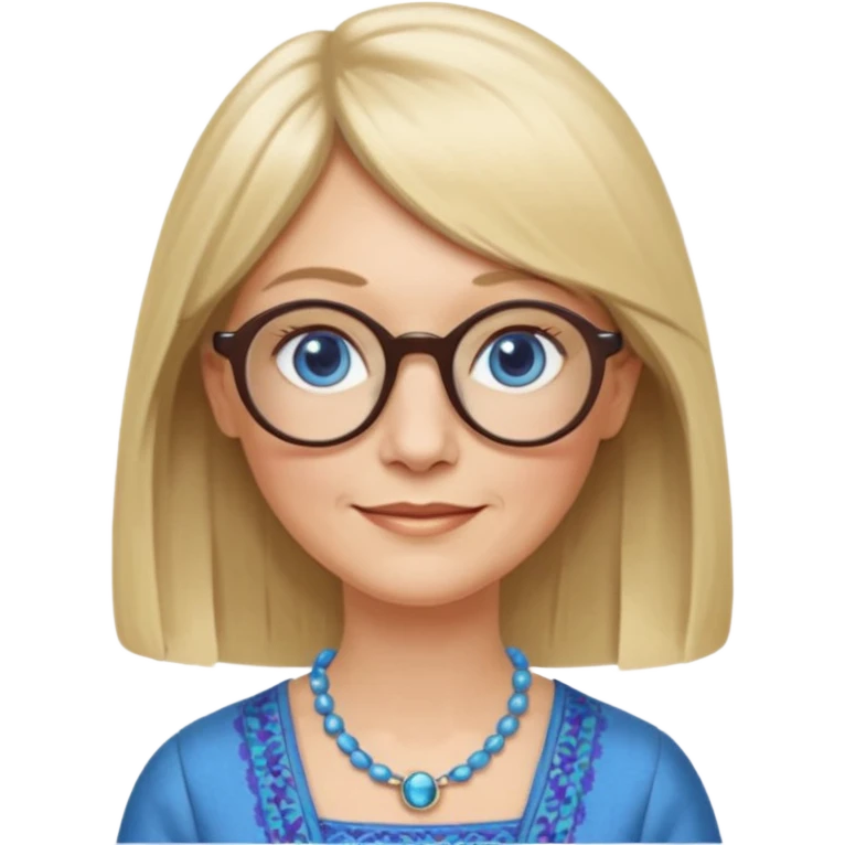 50 yr old white woman, hippie parted very long hair, short bangs, very long straight blond hair, oval face, small smile, blue eyes, thin face, hair downback, hair parted at center of head, round cheeks, pale, longer hair, business dress, long hair, big square glasses emoji