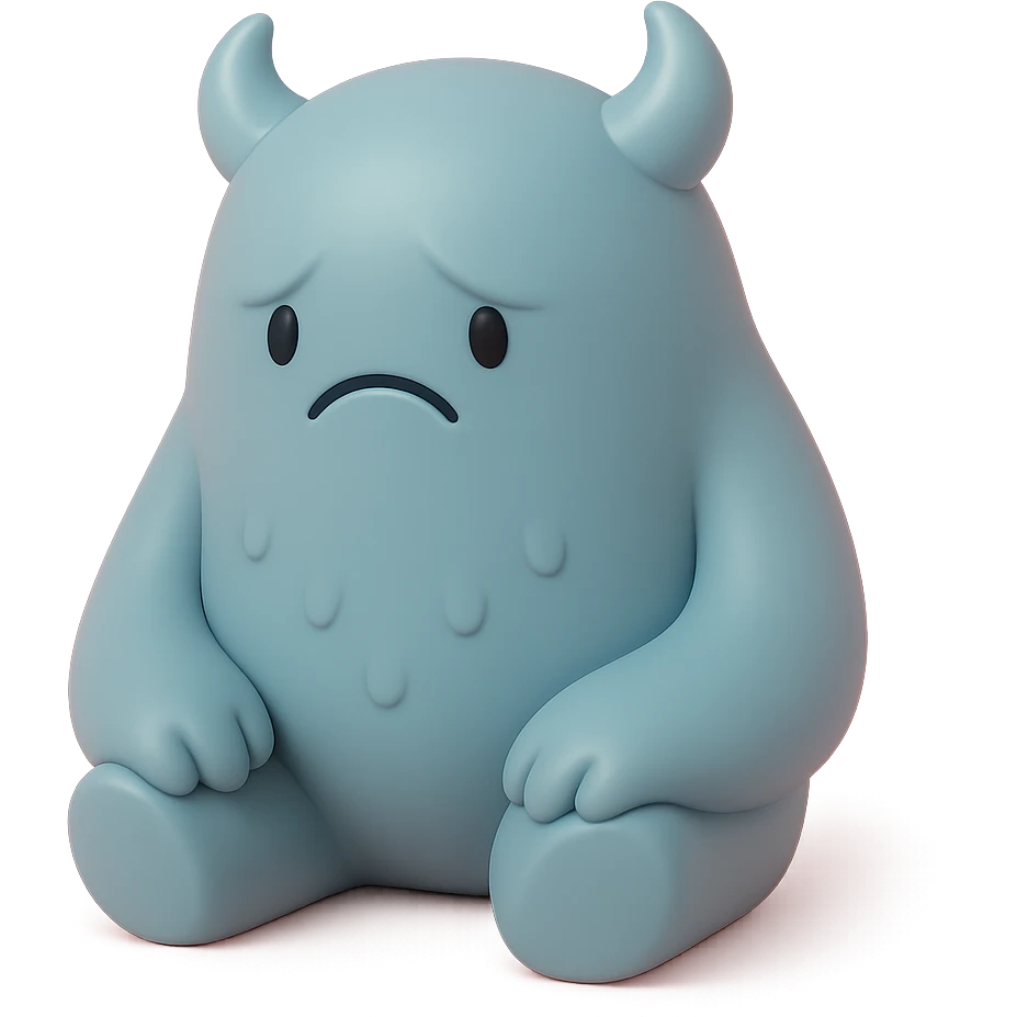 lonely monster, sitting alone with a sad expression, muted blue and grey colors, toy-like vinyl figure style emoji