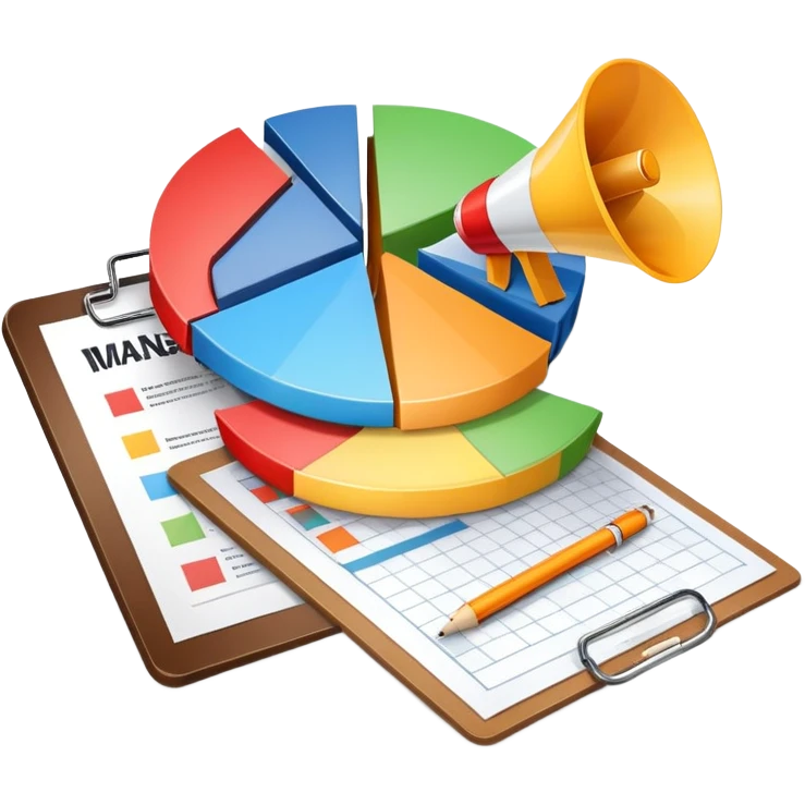 An icon featuring a pie chart, a megaphone, and a clipboard with strategy plans, symbolizing management and marketing. The design includes upward-trending graphs set against a modern office backdrop. Transparent background emphasizes business strategy and communication. emoji