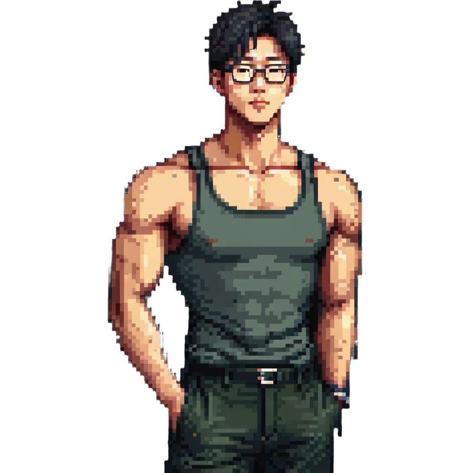 muscular tall Korean man with glasses and short hair emoji