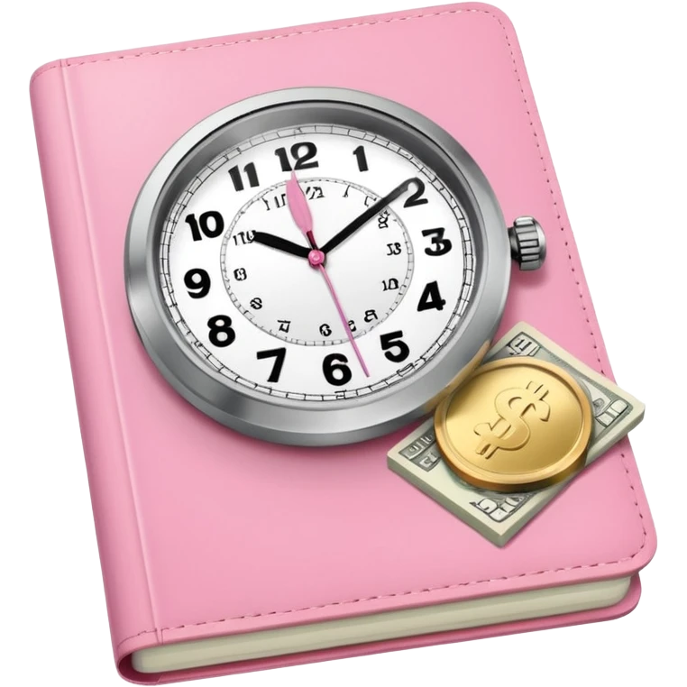 Libreta rosa, reloj femenino blanco y un dolar emoji