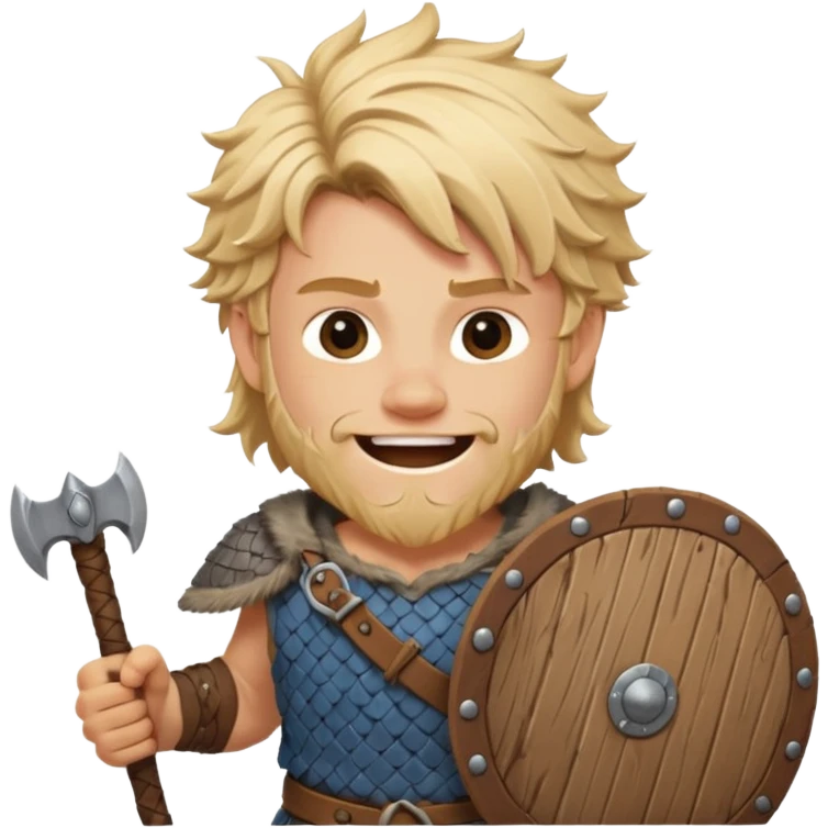 A young Viking warrior with messy blond hair, wooden shield, and fierce excited grin.
 emoji