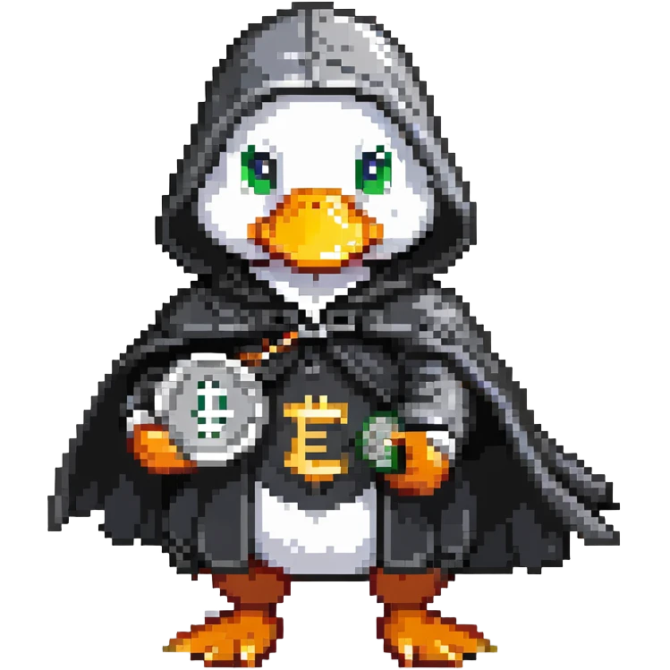 A cool duck in a black cloak with a silver coin emoji