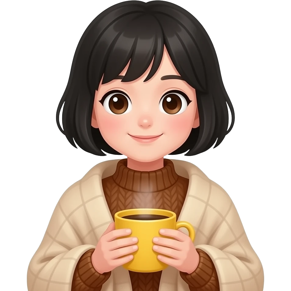 A cute white girl with short black hair, with a beige blanket, brown sweater, and a coffee in a yellow mug, very cozy and autumnal, iPhone emoji style emoji